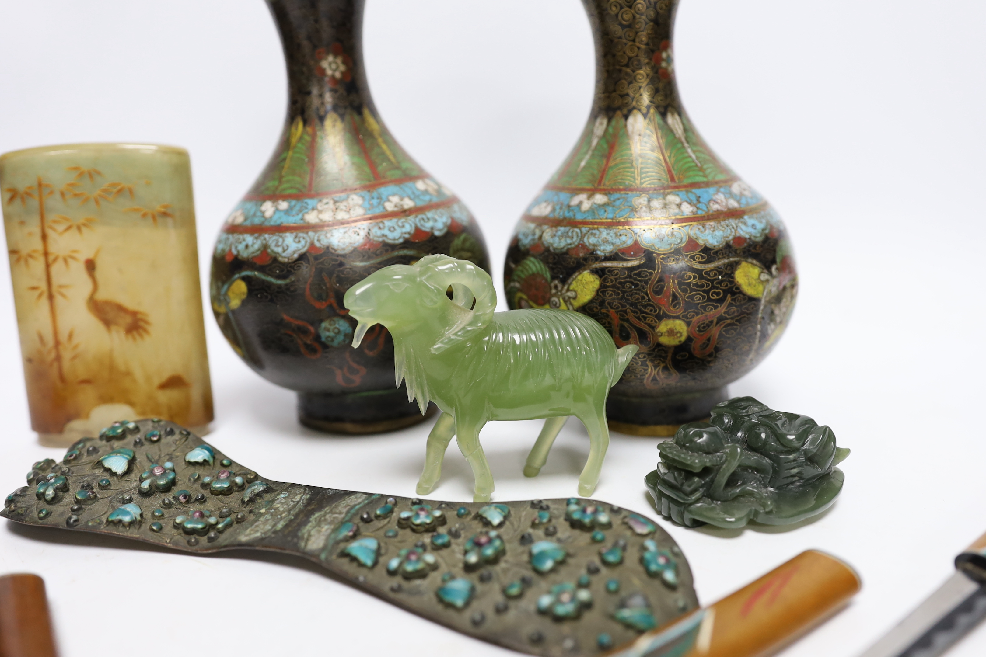 A collection of Chinese and other Oriental items, including a pair of Chinese cloisonné enamel vases, 16.5cm